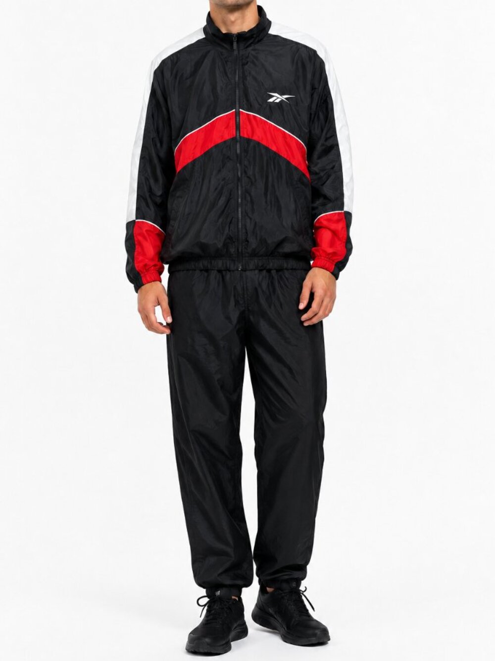Vintage 90s Reebok NWT Black Red White Nylon Tracksuit Set Men’s L